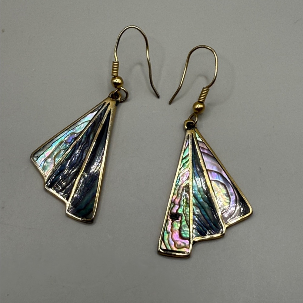 Vintage Alpaca Mexico Gold Tone Abalone Multicolor Shell Dangle Drop Earrings
